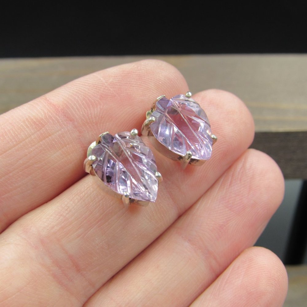 Sterling Silver Carved Leaf Amethyst Rustic Stud Earrings Vintage - Picture 2 of 7